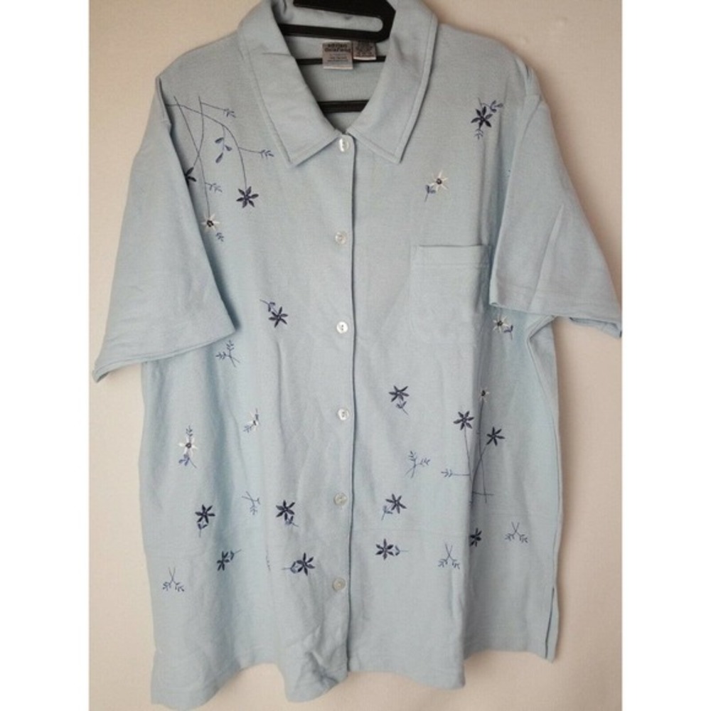 Adrian Delafield Shirt XL Embroidered Flower Button Down‎ One Pocket Blue NEW